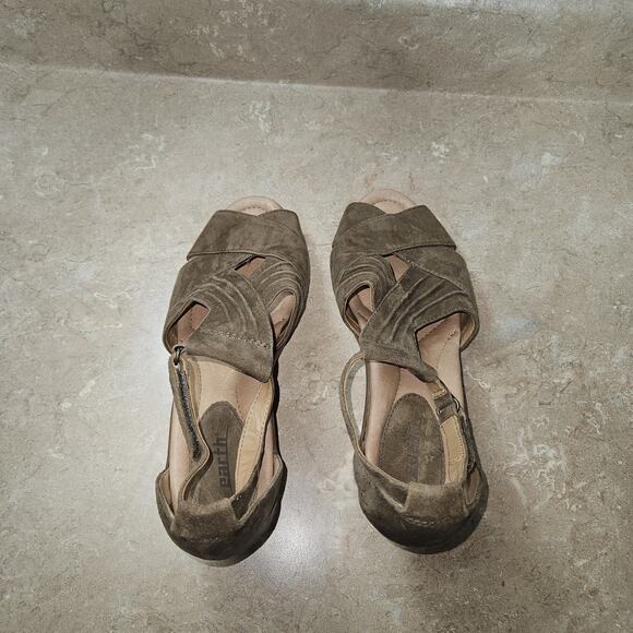 Earth Sandals Curvet SZ 10D Wide Width Dark Khaki Brown Suede Peep-toe‎ Wedge - Picture 5 of 10